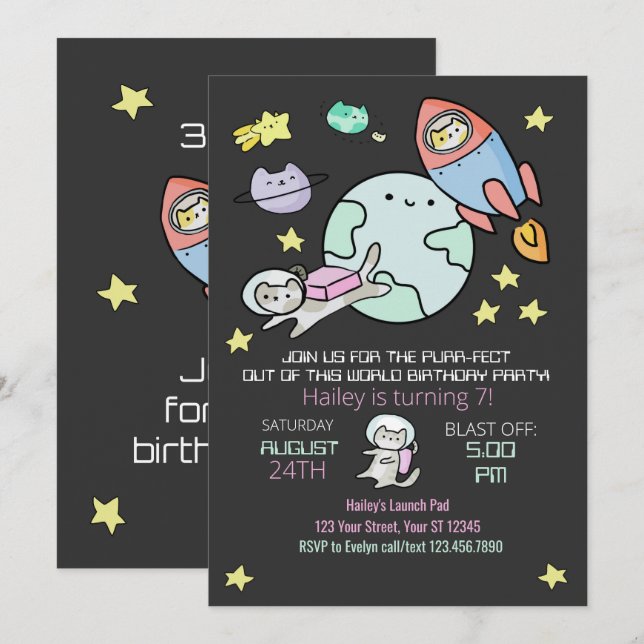 Weltraumkatzen Geburtstag Einladung Purr-fect (Vorne/Hinten)