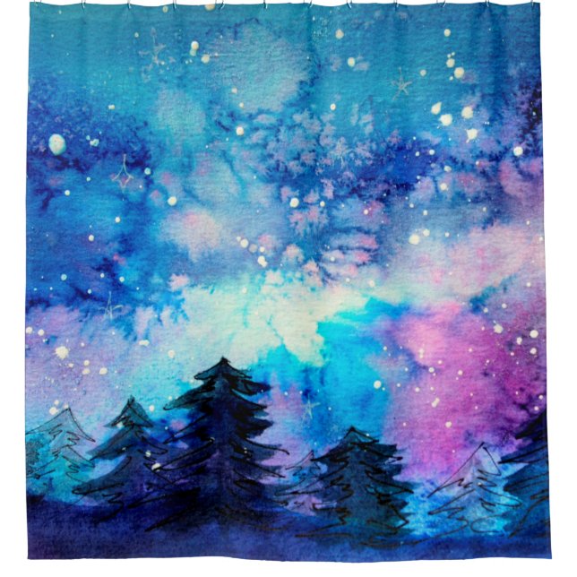 Weltraumkunst in Aquarellen mit Nachthimmel und Bä Duschvorhang (Vorderseite)