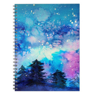 Weltraumkunst in Aquarellen mit Nachthimmel und Bä Notizblock