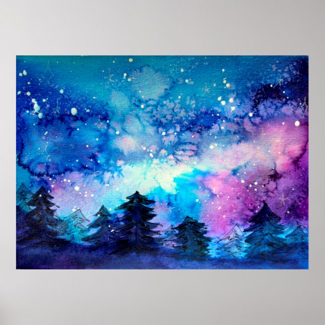 Weltraumkunst in Aquarellen mit Nachthimmel und Bä Poster (Vorne)