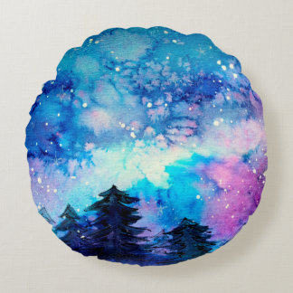 Weltraumkunst in Aquarellen mit Nachthimmel und Bä Rundes Kissen