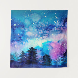 Weltraumkunst in Aquarellen mit Nachthimmel und Bä Wandteppich