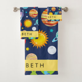 Weltraummuster, Planeten, Sterne, Kosmos, Ihr Name Badhandtuch Set
