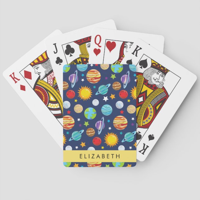 Weltraummuster, Planeten, Sterne, Kosmos, Ihr Name Spielkarten (Rückseite)