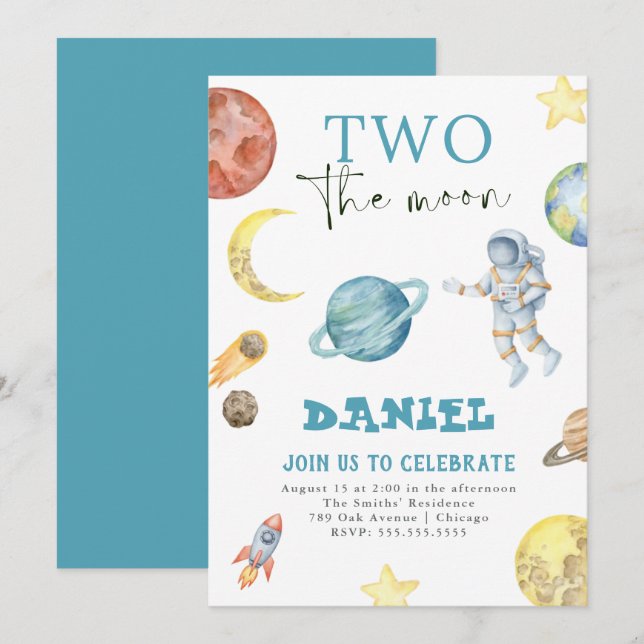 Weltraumplaneten 2. Geburtstag Einladung (Vorne/Hinten)