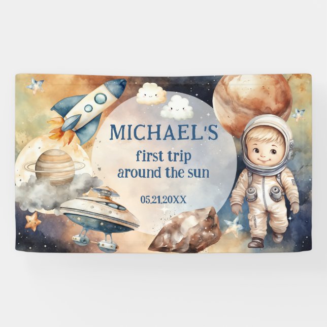 Weltraumplaneten Junge zum ersten Geburtstag Banner (Horizontal)