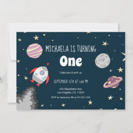 Weltraumplaneten & Rocket Girl zum ersten Geburtst Einladung
