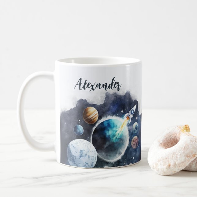 Weltraumplaneten und Raketenschiff Personalisiert Kaffeetasse (Mit Donut)