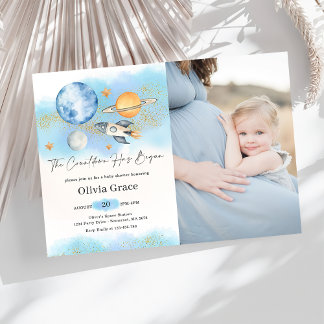Weltraumplanets Boy First Baby Dusche Foto Einladung