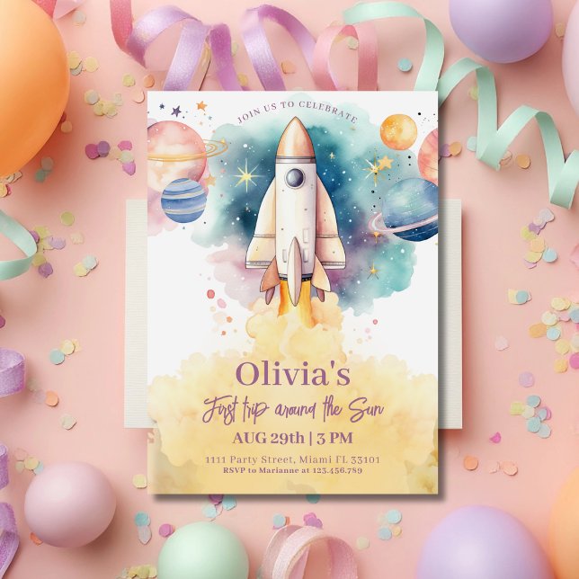 Weltraumplanets Rocket Girl zum ersten Geburtstag Einladung (Von Creator hochgeladen)
