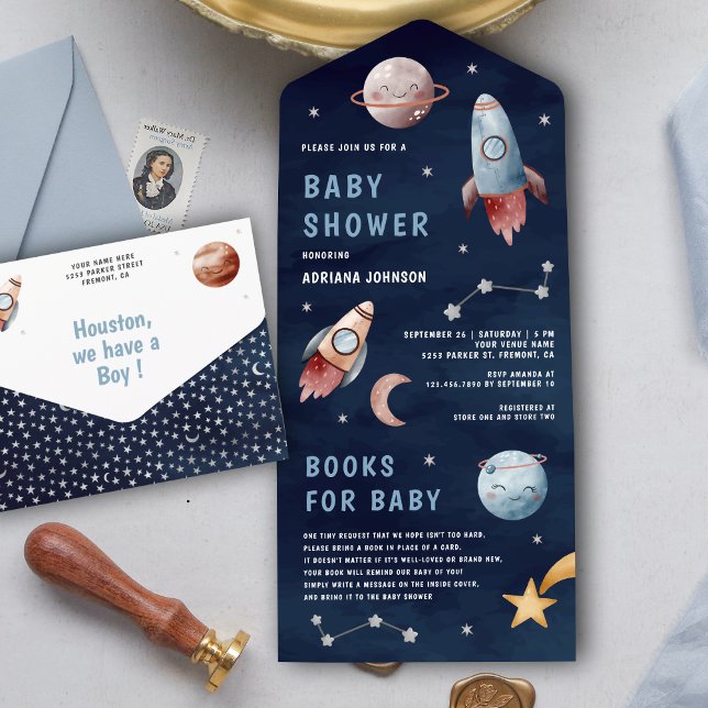 Weltraumplanets Rocket Navy Blue Baby Dusche All In One Einladung (Von Creator hochgeladen)