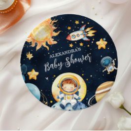 Weltraumplanets Rocket Navy Blue Baby Dusche Pappteller