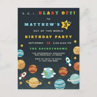 Weltraumrakete & Planets Boys Geburtstagsparty Einladungspostkarte
