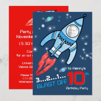 Weltraumraketen Kinder zum 10. Geburtstag - blaue  Einladung