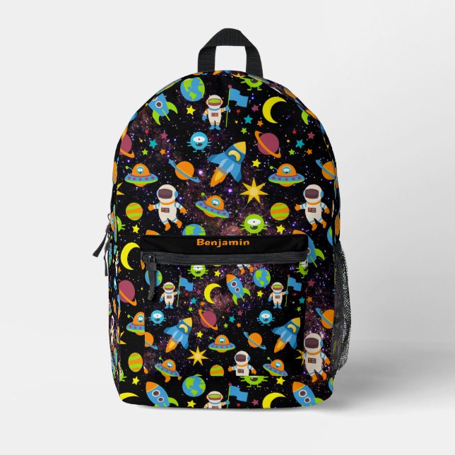 Weltraumraketenplanet schwarz bedruckter rucksack (Vorderseite)