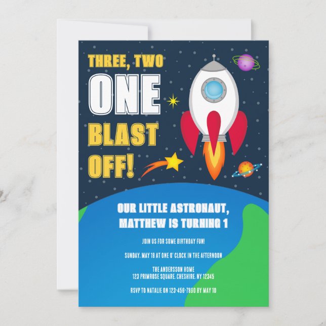 Weltraumraketenschiff 1. Geburtstag Party Einladun Einladung (Vorderseite)