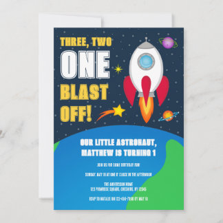 Weltraumraketenschiff 1. Geburtstag Party Einladun Einladung