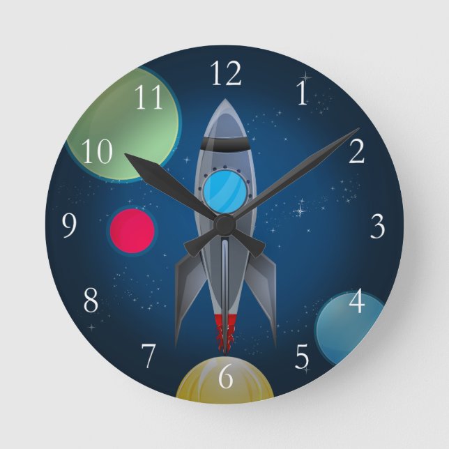 Weltraumraketenschiff Runde Wanduhr (Vorderseite)