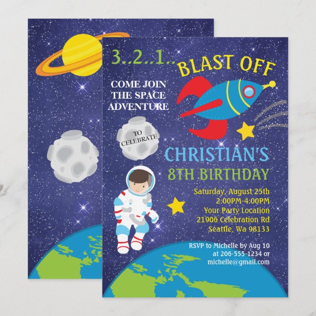 Weltraumraubenschlag zum Geburtstag Einladung (Vorne/Hinten)