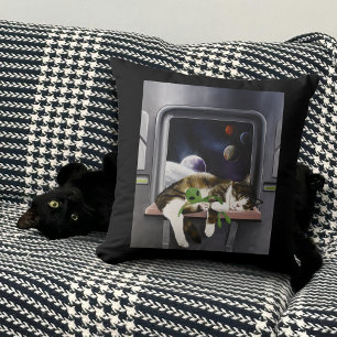 Weltraumschiff Tabby-Katze grüner Alien-Plüsch Sci Kissen