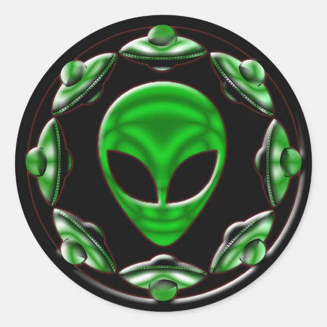WELTRAUMSCHIFFE UND ALIEN RUNDER AUFKLEBER (Vorderseite)