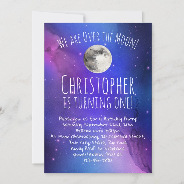 Weltraumstars über dem Mond 1. Geburtstag Party Einladung (Vorderseite)