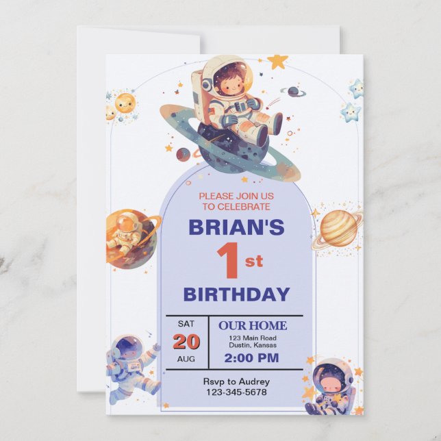 Weltraumtag zum ersten Geburtstag Einladung (Vorderseite)