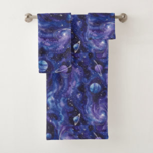 Weltraumthematisches Muster mit Sternen und Planet Badhandtuch Set
