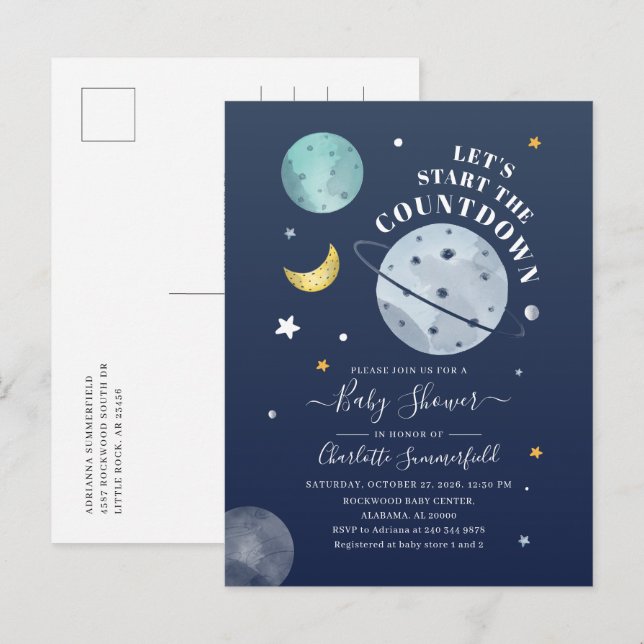 Weltraumtypografie Kinderdusche Einladungspostkarte (Vorne/Hinten)