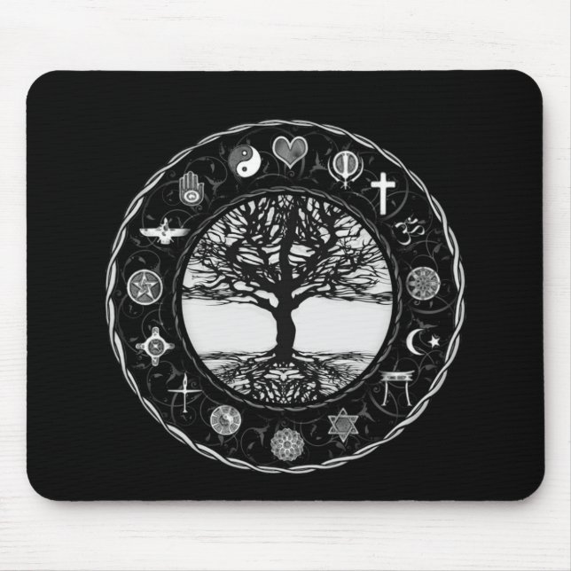 Weltreligions-Schwarzweiss-Baum Mousepad (Vorne)