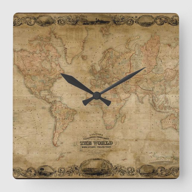 Welts-Karten-Antiken-Geschichtsdesigner-Uhr Quadratische Wanduhr (Vorderseite)