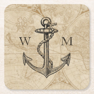 Welts-Karten-Seeanker-Monogramm Rechteckiger Pappuntersetzer