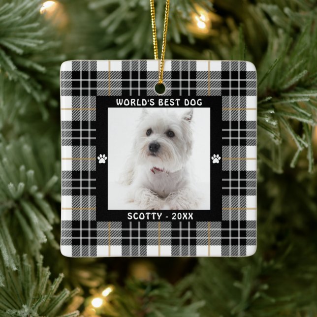 WELTWEIT BESTER HUND Schwarz-weiß Tan Kariert Keramikornament (Baum)