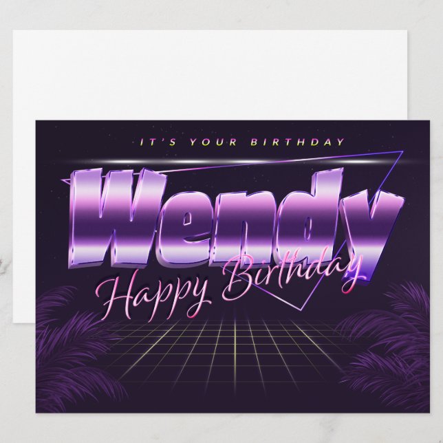 Wendy Name Vorname lila retro Karte Geburtstag (Vorne/Hinten)