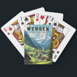 Wengen Schweiz Reisen Vintag Spielkarten<br><div class="desc">Wengen retro Vektor Reise Design. Wengen ist ein Schweizer Alpendorf im Berner Oberland. Es ist bekannt für seine Holzhütten und die Belle époque Hotels.</div>