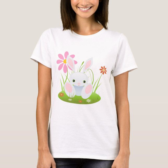 Wenig blaues Häschen mit Blumen T-Shirt (Vorderseite)