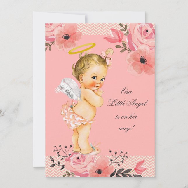 Wenig blonde Engelwatercolor-Blumen-Baby-Dusche Einladung (Vorderseite)
