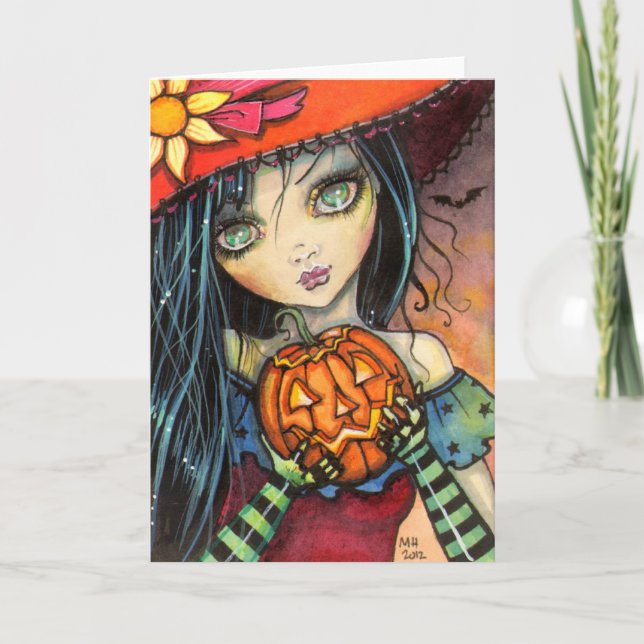 Wenig Halloween-Hexe-Fantasie-Kunst Karte (Vorderseite)