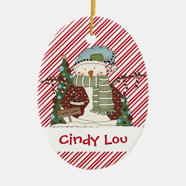 Wenig Schnee-Typ-Zuckerstangesnowman-Süsse Keramik Ornament (Vorne)