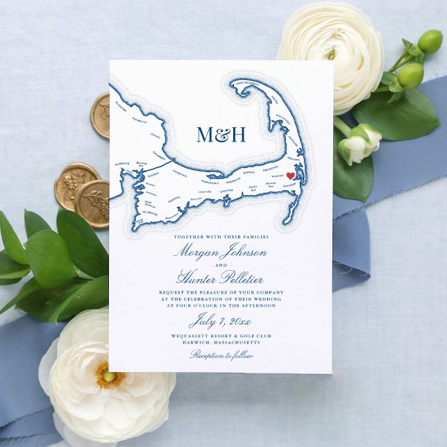 Wequassett Resort Harwich Cape Cod Wedding Einladung (Elegant Wequassett Resort and Golf Club wedding invitation featuring a map of Cape Cod)