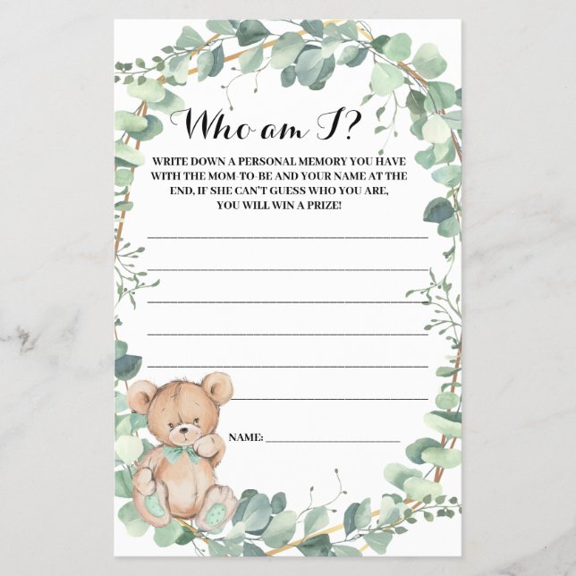 Wer bin ich Bear Greenerenery Baby Shower Game Car Flyer (Vorne)