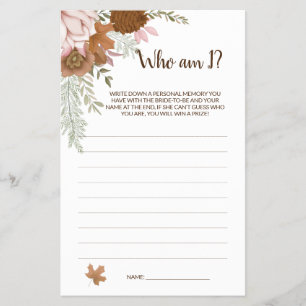 Wer bin ich Boho Autumn Brautparty Game Card Flyer