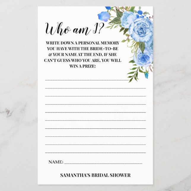 Wer bin ich? Brautparty Blue Flowers Game Card Flyer (Vorne)
