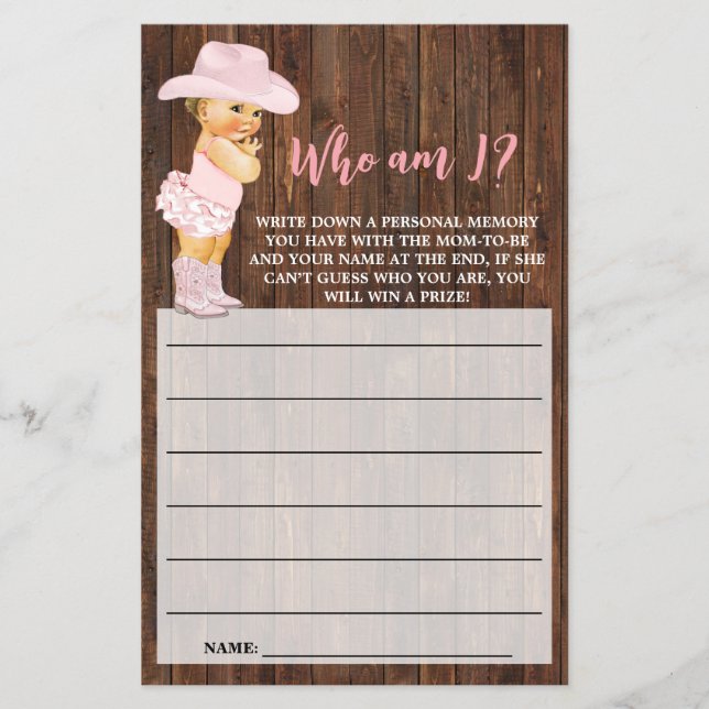 Wer bin ich Cowgirl Pink Baby Duschkarte? Flyer (Vorne)
