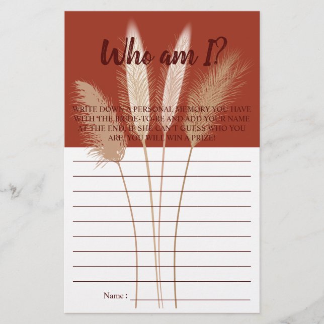 Wer bin ich? Pampas Brautparty Game Card Flyer (Vorne)