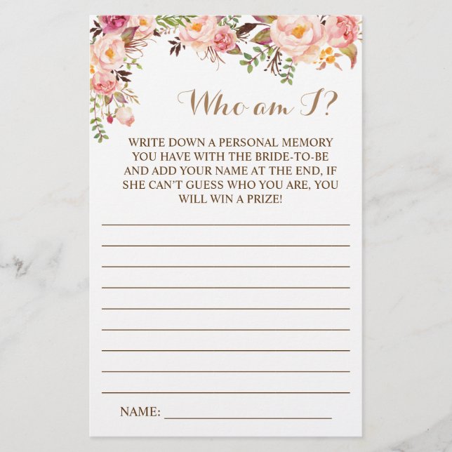 Wer bin ich? Pink Floral Brautparty Game Card Flyer (Vorne)