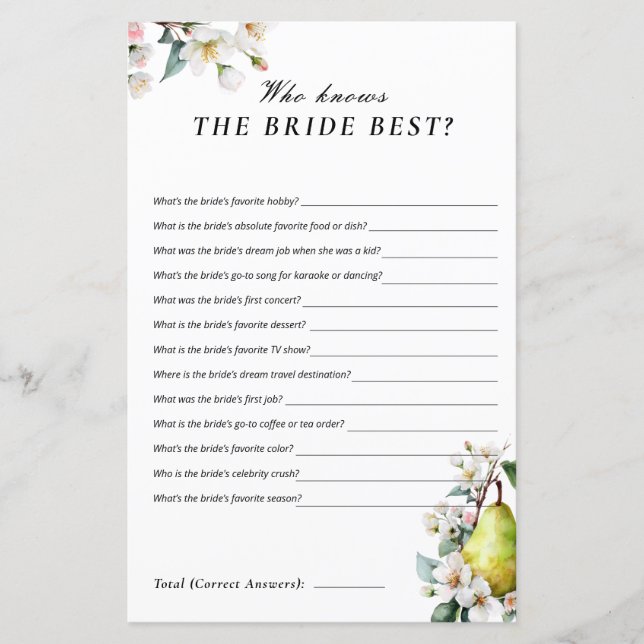 Wer Bride Perfect Pear Brautparty Game kennt (Vorderseite)