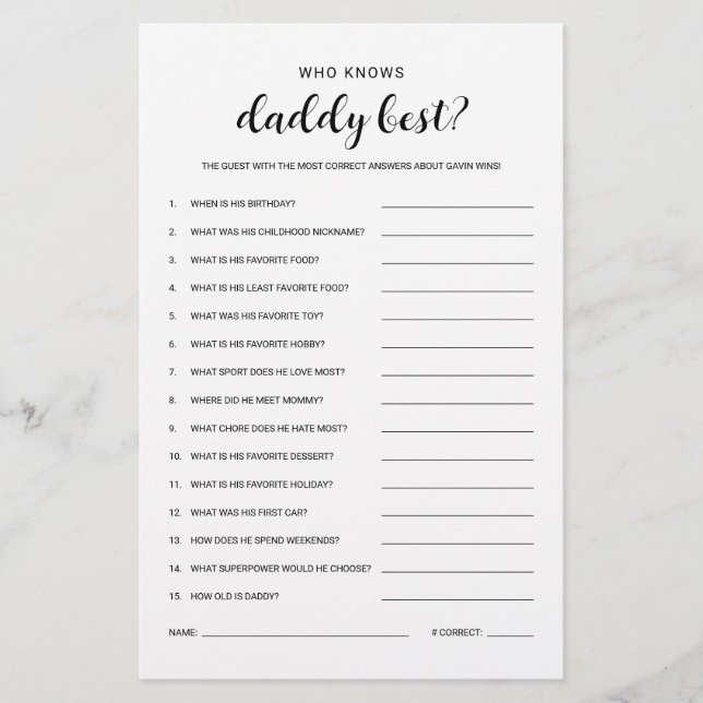 Wer Daddy Budget Friendly Baby Shower Game kennt Flyer (Vorne)