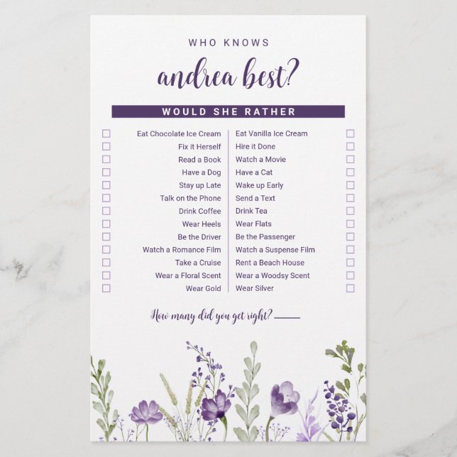 Wer das Bride Best Brautparty Game Sheet kennt (Vorderseite)