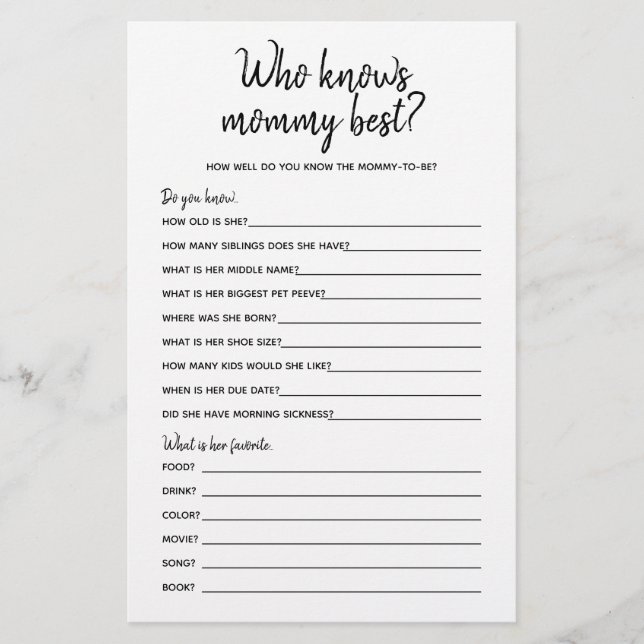 Wer das Mama Best Minimalistisch Baby Shower Game  (Vorderseite)